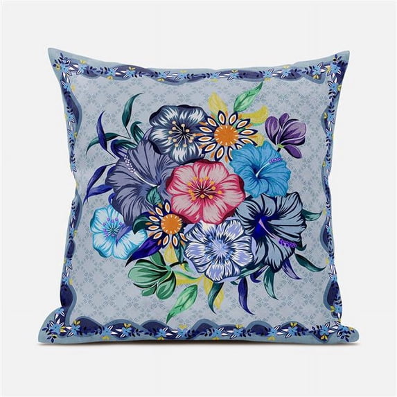 Amrita Sen Designs 16 x 16 in. Flowers Broadcloth Indoor & Outdoor Zippered Pillow - Blue, Pink & Grey
