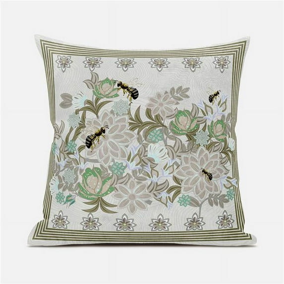 Honeybee on Flower Indoor/Outdoor Pillow in Beige Yellow Green Brown 16x16