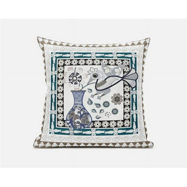 Amrita Sen Designs 16 x 16 in. Love Your Vase Peacock Broadcloth Indoor & Outdoor Zippered Pillow - Off White, Dark Aqua & Beige