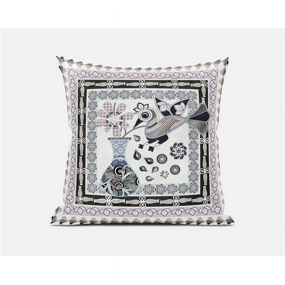 Amrita Sen Designs 16 x 16 in. Love Your Vase Peacock Broadcloth Indoor & Outdoor Zippered Pillow - Pink, Black & Grey