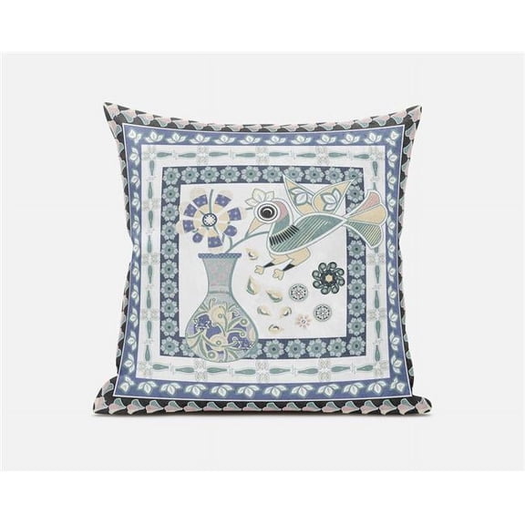 Amrita Sen Designs 16 x 16 in. Love Your Vase Peacock Broadcloth Indoor & Outdoor Zippered Pillow - White & Blue