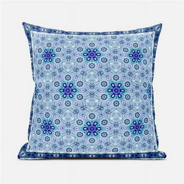 Medallion Indoor/Outdoor Pillow with Removable Cover in Blue Turquoise White Purple16x16