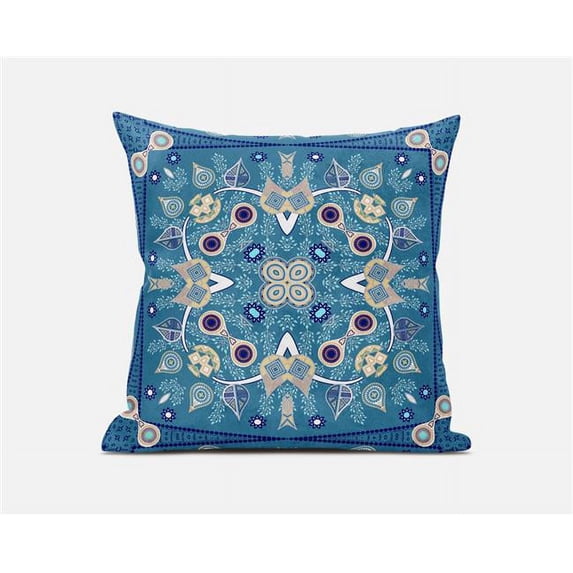 Amrita Sen Designs 16 x 16 in. Paisley Leaf Geo Broadcloth Indoor & Outdoor Zippered Pillow - Blue, Light Blue & Beige