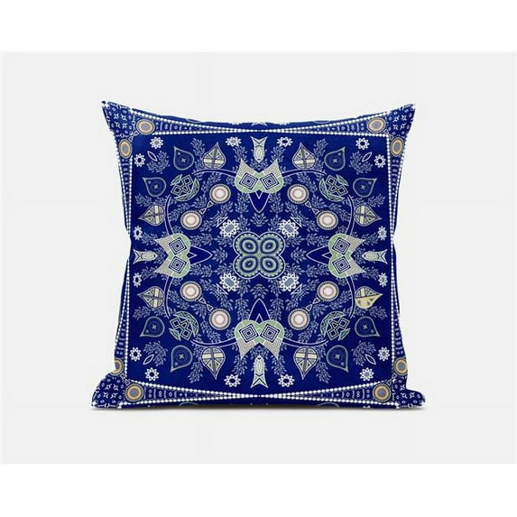 Amrita Sen Designs 16 x 16 in. Paisley Leaf Geo Broadcloth Indoor & Outdoor Zippered Pillow - Midnight Blue, Beige & White