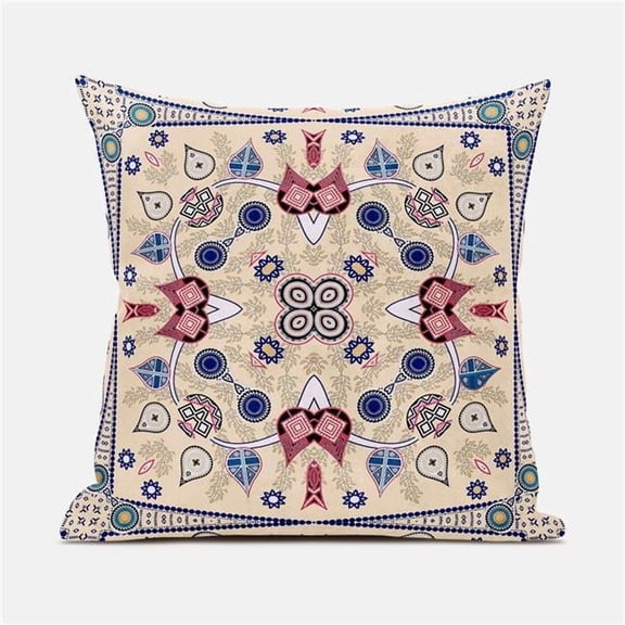 Amrita Sen Designs CAPL842BrCDS-BL-16x16 16 x 16 in. Paisley Leaf Geo Duo Broadcloth Indoor & Outdoor Blown & Closed Pillow - Beige, Indigo & Red