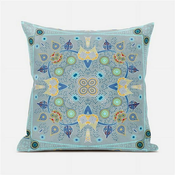 Amrita Sen Designs 16 x 16 in. Paisley Leaf Geo Duo Broadcloth Indoor & Outdoor Zippered Pillow - Light Grey, Blue & Yellow
