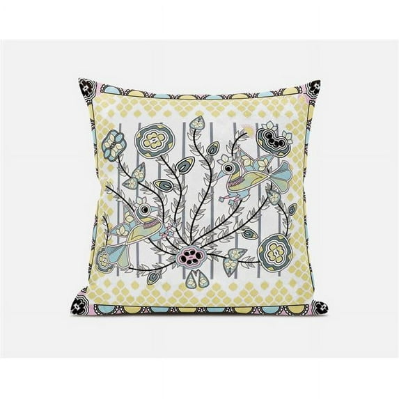 Amrita Sen Designs 16 x 16 in. Pond Peacock Broadcloth Indoor & Outdoor Zippered Pillow - White, Yellow & Grey