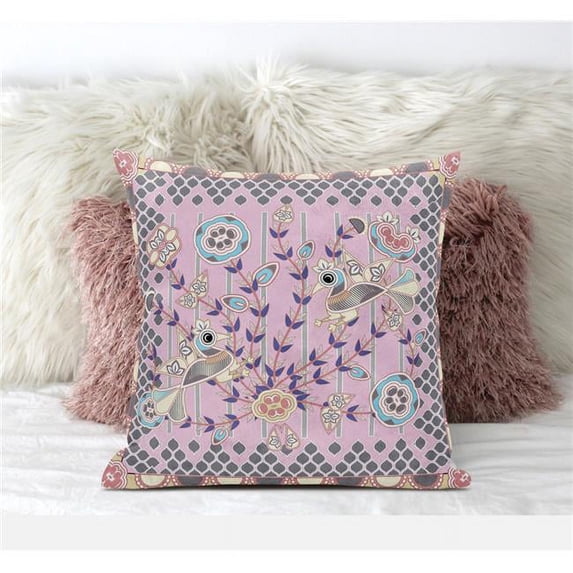 Pond Peacock Throw Pillow in Pink Gray Sky Blue Cream 16x16