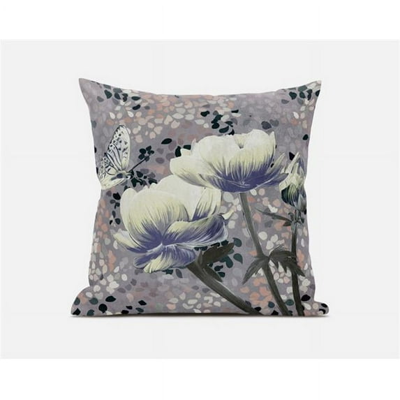 Amrita Sen Designs 16 x 16 in. Three Roses with Butterfly Suede Zippered Pillow with Insert - Yellow, Muted Blue & Grey