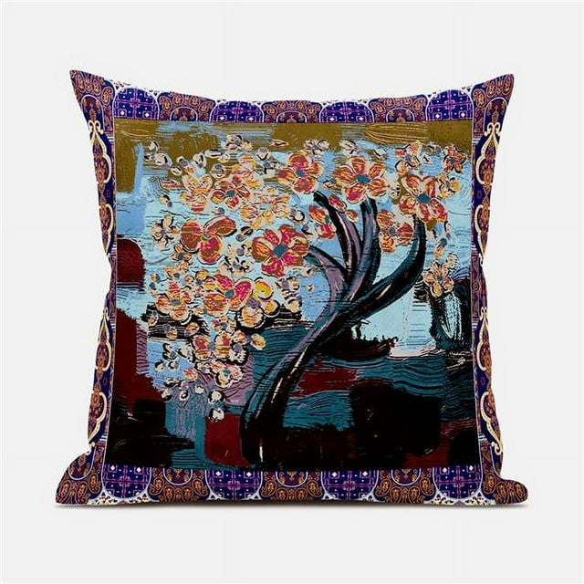 Amrita Sen Designs  16 x 16 in. Tree Oil Duo Suede Blown & Closed Pillow - Cream, Blue & Brown