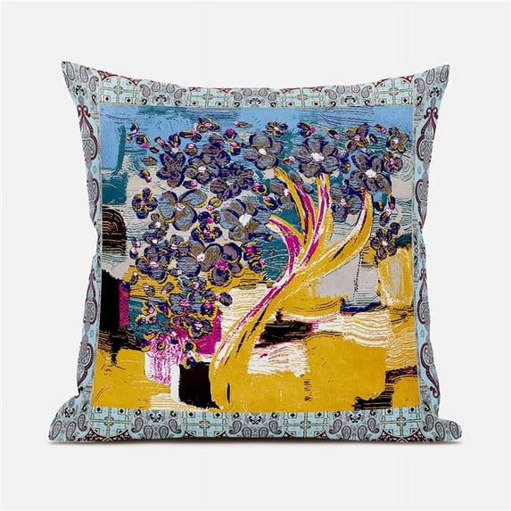 Amrita Sen Designs 16 x 16 in. Tree Oil Duo Suede Zippered Pillow with Insert - Light Blue, Yellow & Pink