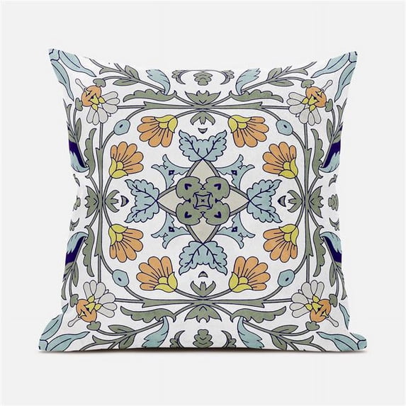 Amrita Sen Designs 16 x 16 in. Venetian Flower Paisley Duo Suede Zippered Pillow with Insert - White & Blue