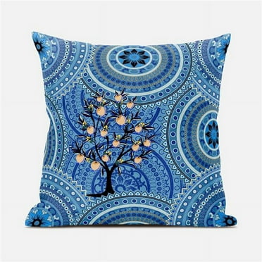 Amrita Sen Boho Mandala Plant Indoor/Outdoor Pillow with Removable Cover in Blue Orange White18x18