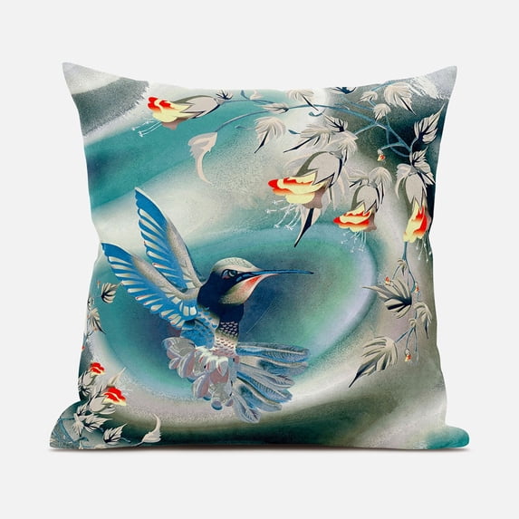 Amrita Sen Curious Humming Bird Indoor/Outdoor Pillow with Removable Cover in Turquoise Blue18x18
