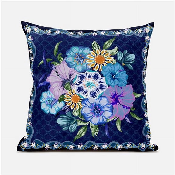 Amrita Sen Designs 18 x 18 in. Flowers Suede Blown & Closed Pillow - Indigo, Yellow & Dark Blue