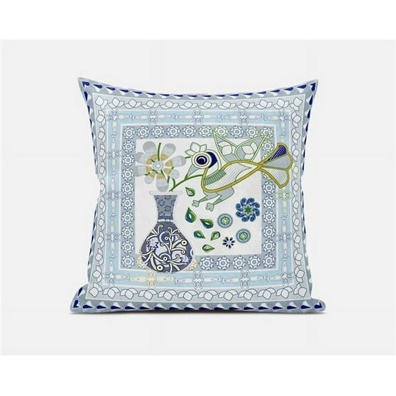 Amrita Sen Designs 18 x 18 in. Love Your Vase Peacock Broadcloth Indoor & Outdoor Zippered Pillow - White, Gold & Grey