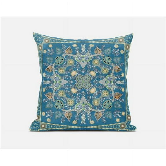 Amrita Sen Designs 18 x 18 in. Paisley Leaf Geo Broadcloth Indoor & Outdoor Zippered Pillow - Aqua & Gold