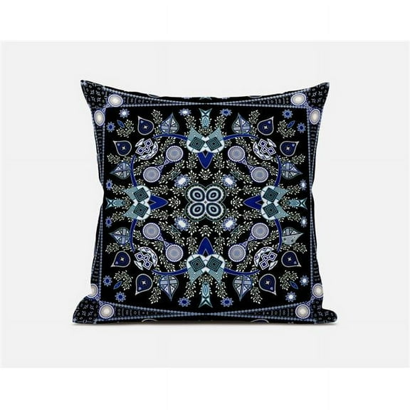 Amrita Sen Designs  18 x 18 in. Paisley Leaf Geo Broadcloth Indoor & Outdoor Zippered Pillow - Black, Grey & Midnight Blue