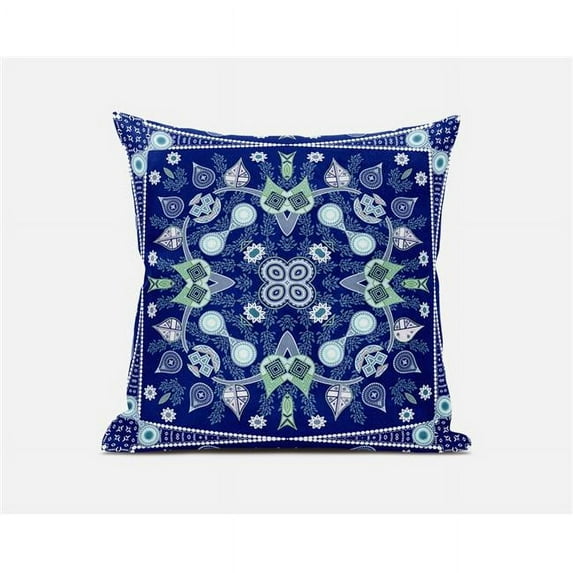 Amrita Sen Designs 18 x 18 in. Paisley Leaf Geo Broadcloth Indoor & Outdoor Zippered Pillow - Midnight Blue, Green & White