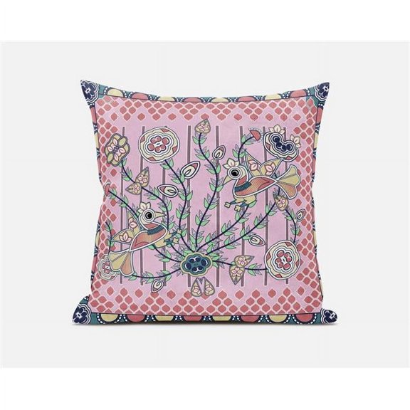 Amrita Sen Designs  18 x 18 in. Pond Peacock Broadcloth Indoor & Outdoor Zippered Pillow - Pink, Peach & Muted Yellow