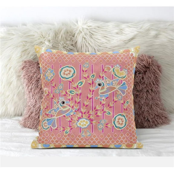 Amrita Sen Designs CAPL637FSDS-BL-18x18 18 x 18 in. Pond Peacock Suede Blown & Closed Pillow - Peach & Blue