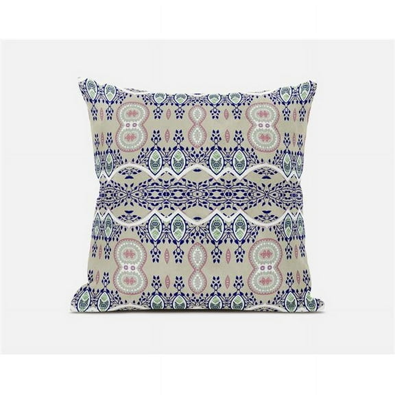 Amrita Sen Designs  18 x 18 in. Sephalina Paisley Leaves Broadcloth Indoor & Outdoor Zippered Pillow - Beige, Blue & White
