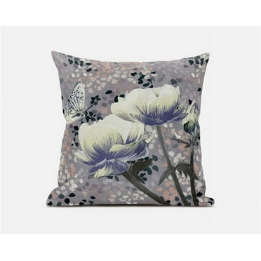 Amrita Sen Designs  18 x 18 in. Three Roses with Butterfly Broadcloth Indoor & Outdoor Zippered Pillow - Yellow, Muted Blue & Grey