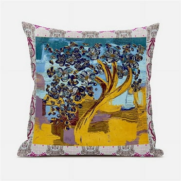 Amrita Sen Designs  18 x 18 in. Tree Oil Duo Suede Zippered Pillow with Insert - Yellow, Pink & Blue