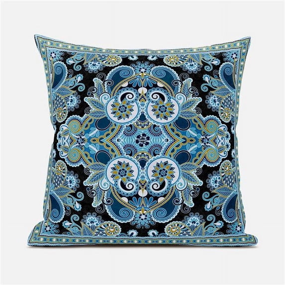 Floral Paisley Indoor/Outdoor Pillow with Removable Cover in Black Blue Yellow20x20