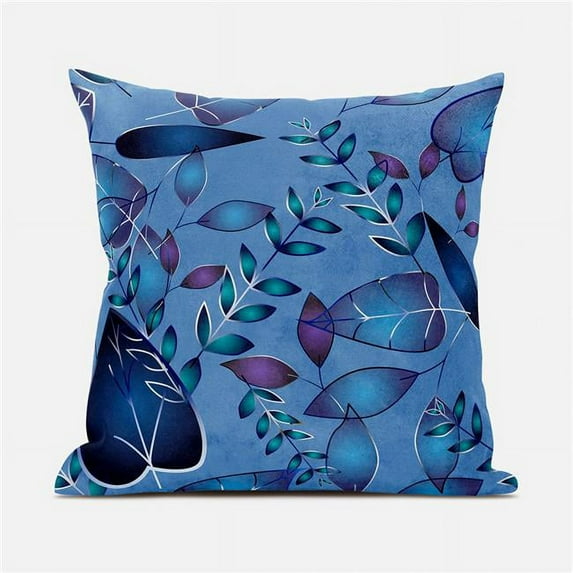 Amrita Sen Designs 20 x 20 in. Leaves Broadcloth Indoor & Outdoor Blown & Closed Pillow - Blue, Pink & Silver