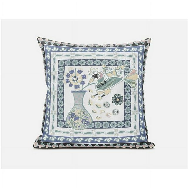 Amrita Sen Designs  20 x 20 in. Love Your Vase Peacock Broadcloth Indoor & Outdoor Zippered Pillow - White & Blue