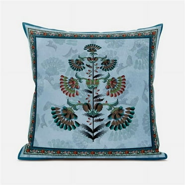 Amrita Sen Designs  20 x 20 in. Mughal Buta Suede Zippered Pillow with Insert - Sky Blue & Red