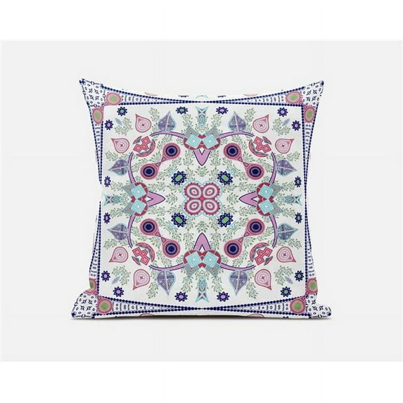 Amrita Sen Designs 20 x 20 in. Paisley Leaf Geo Broadcloth Indoor & Outdoor Zippered Pillow - White, Pink & Light Blue