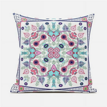 Amrita Sen Designs  20 x 20 in. Paisley Leaf Geo Duo Suede Zippered Pillow with Insert - White, Pink & Light Blue