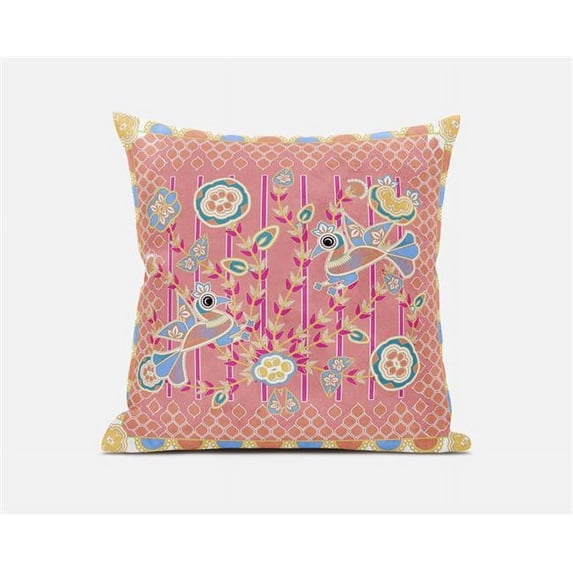 Amrita Sen Designs 20 x 20 in. Pond Peacock Broadcloth Indoor & Outdoor Zippered Pillow - Peach & Blue