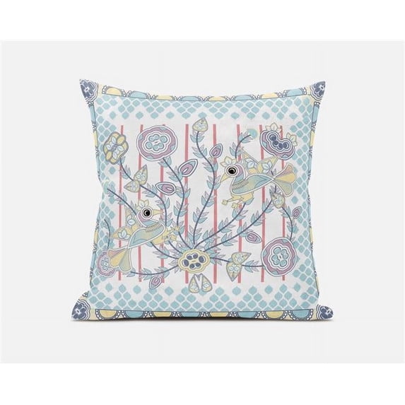 Amrita Sen Designs 20 x 20 in. Pond Peacock Broadcloth Indoor & Outdoor Zippered Pillow - White, Light Blue & Muted Yellow