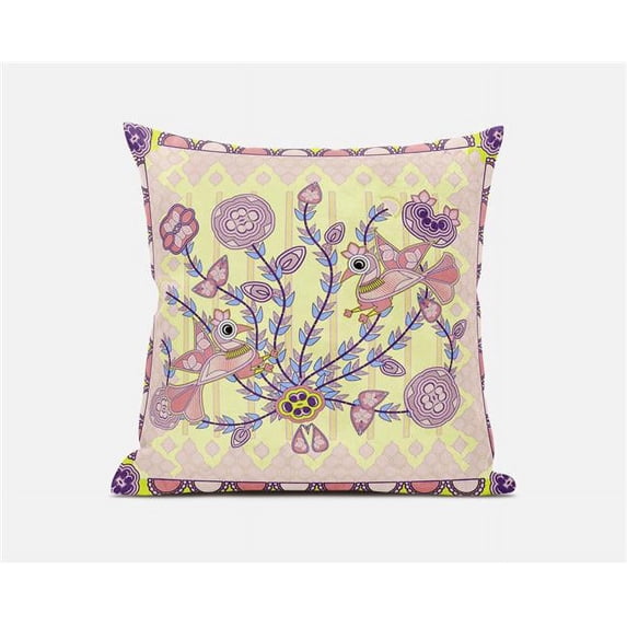 Amrita Sen Designs 20 x 20 in. Pond Peacock Broadcloth Indoor & Outdoor Zippered Pillow - Yellow, Peach & Muted Pink