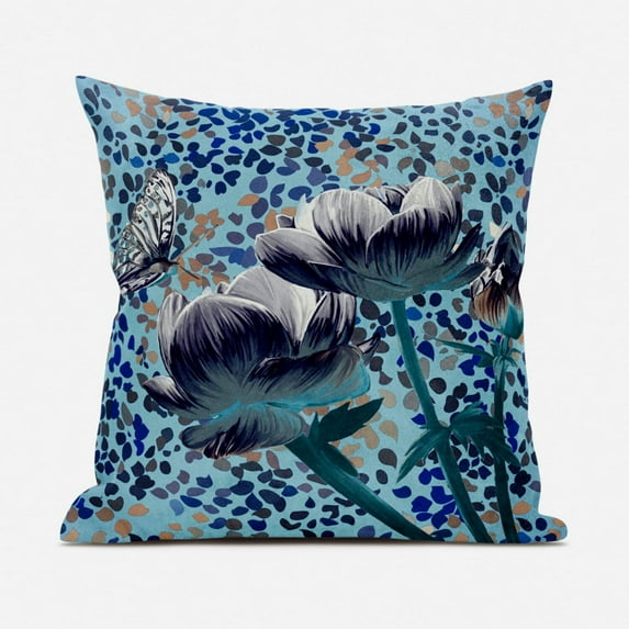 Three Roses with Butterfly Indoor/Outdoor Fabric Pillow Zipped -White Blue20"
