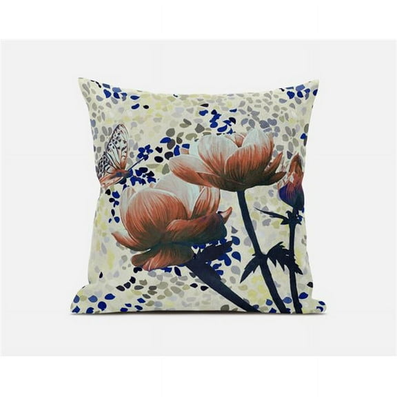 Amrita Sen Three Roses with Butterfly Indoor/Outdoor Pillow with Removable Cover in Orange Dark Green Yellow20x20