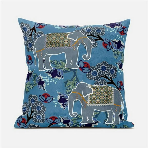 Amrita Sen Designs  20 x 20 in. Two Elephants Broadcloth Indoor & Outdoor Blown & Closed Pillow - Blue & White