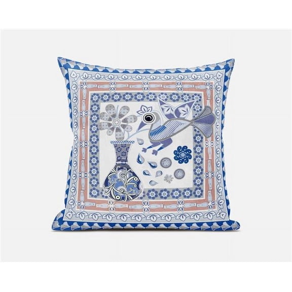 Amrita Sen Designs  26 x 26 in. Love Your Vase Peacock Broadcloth Indoor & Outdoor Zippered Pillow - Blue, Peach & Grey