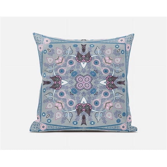 Amrita Sen Designs  26 x 26 in. Paisley Leaf Geo Broadcloth Indoor & Outdoor Zippered Pillow - Grey & Pink