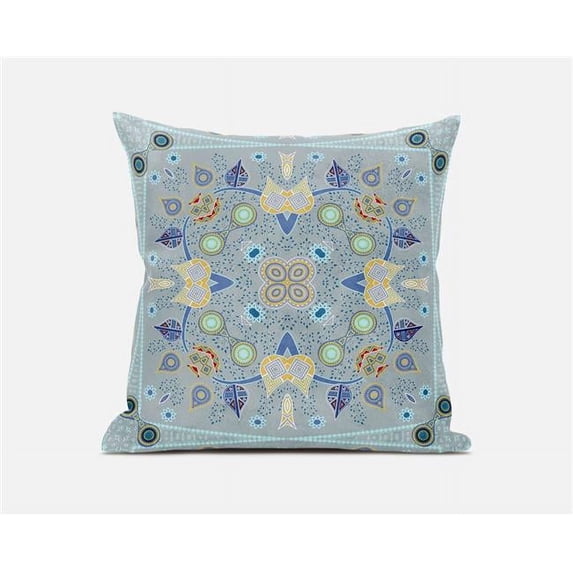 Amrita Sen Designs 26 x 26 in. Paisley Leaf Geo Broadcloth Indoor & Outdoor Zippered Pillow - Light Grey, Blue & Yellow