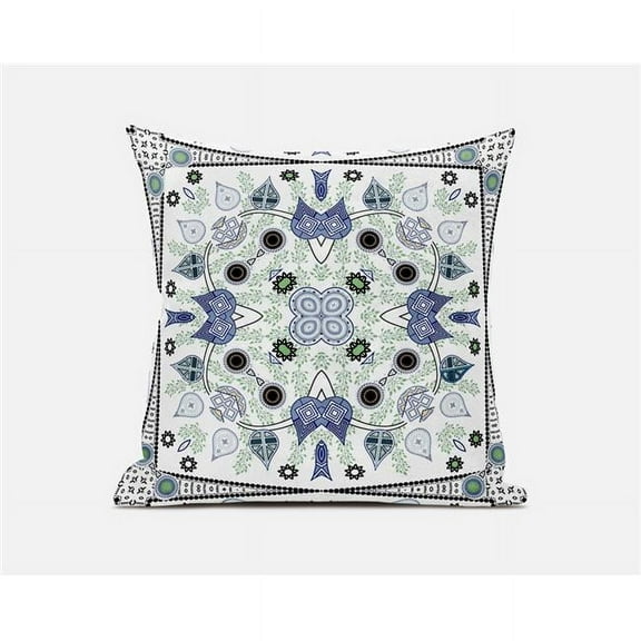 Amrita Sen Designs  26 x 26 in. Paisley Leaf Geo Broadcloth Indoor & Outdoor Zippered Pillow - Off White, Grey & Muted Blue