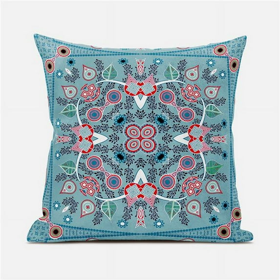 Amrita Sen Designs 26 x 26 in. Paisley Leaf Geo Duo Broadcloth Indoor & Outdoor Blown & Closed Pillow - Muted Blue & Red