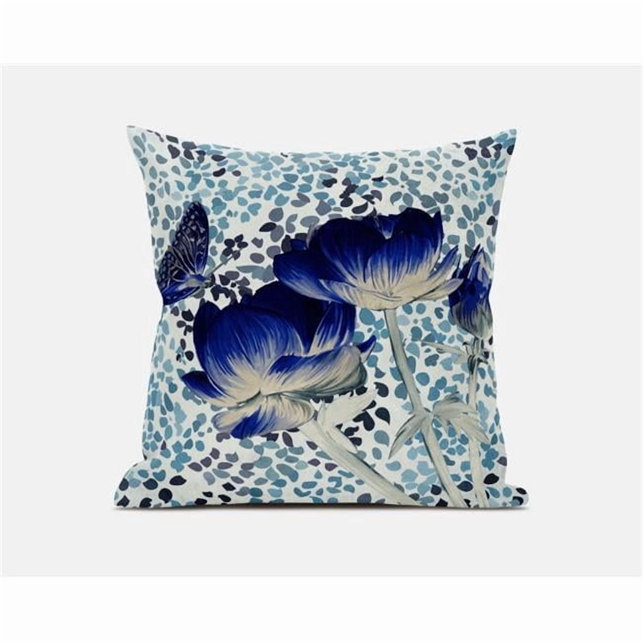 Three Roses with Butterfly Indoor/Outdoor Pillow in Electric Blue Cream ...