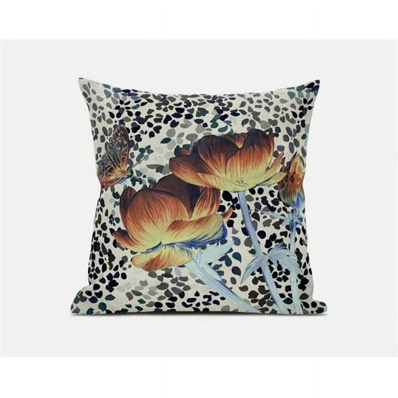 Amrita Sen Designs 26 x 26 in. Three Roses with Butterfly Broadcloth Indoor & Outdoor Zippered Pillow - Orange, Yellow & Cream