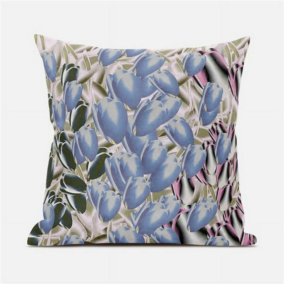 Amrita Sen Designs 28 x 28 in. Tulip Bouquet Broadcloth Indoor & Outdoor Blown & Closed Pillow - Blue, Silver & Green