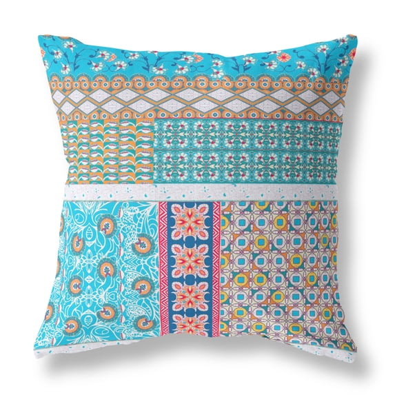 Amrita Sen Flower Castle Patchwork Suede Zippered Pillow w Insert by Amrita Sen in Turquoise and White