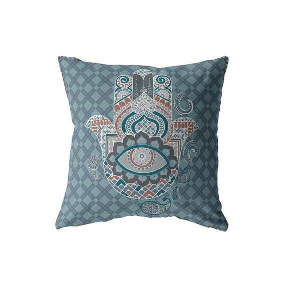 Hamsa Faux Suede Fabric Blown and Closed Pillow in Muted Blue 16"x16"